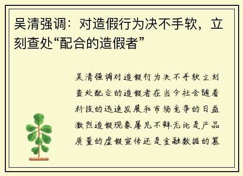 吴清强调：对造假行为决不手软，立刻查处“配合的造假者”