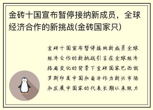 金砖十国宣布暂停接纳新成员，全球经济合作的新挑战(金砖国家只)