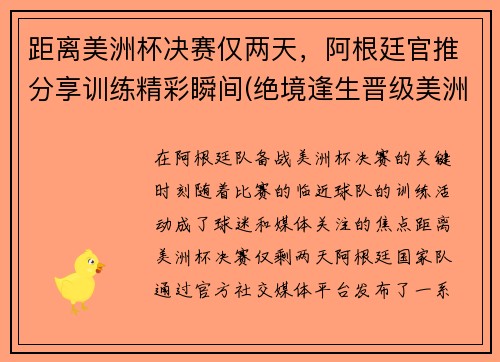 距离美洲杯决赛仅两天，阿根廷官推分享训练精彩瞬间(绝境逢生晋级美洲杯淘汰赛)
