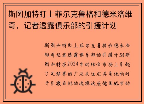 斯图加特盯上菲尔克鲁格和德米洛维奇，记者透露俱乐部的引援计划