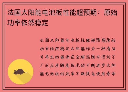 法国太阳能电池板性能超预期：原始功率依然稳定