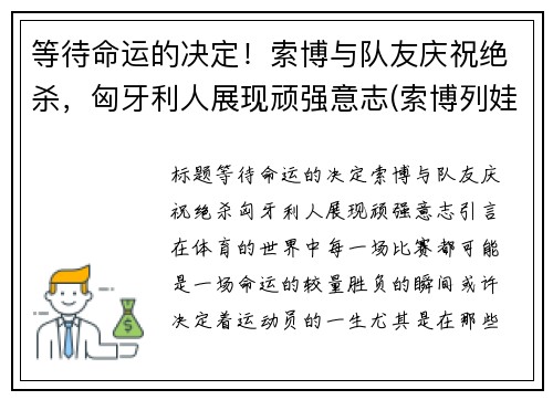 等待命运的决定！索博与队友庆祝绝杀，匈牙利人展现顽强意志(索博列娃)