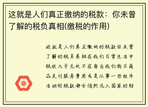 这就是人们真正缴纳的税款：你未曾了解的税负真相(缴税的作用)